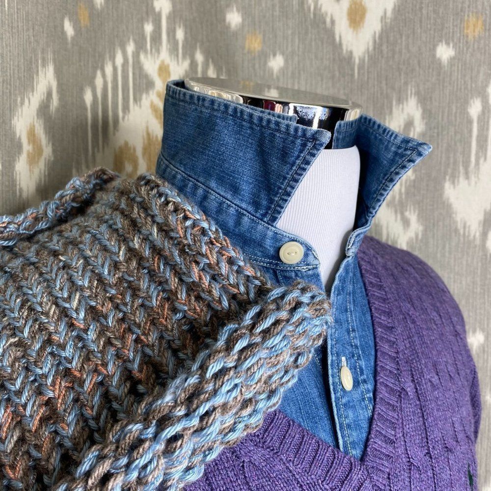 Unisex Hand Knit Marled Blue & Khaki Snood Scarf - Picture 2 of 3